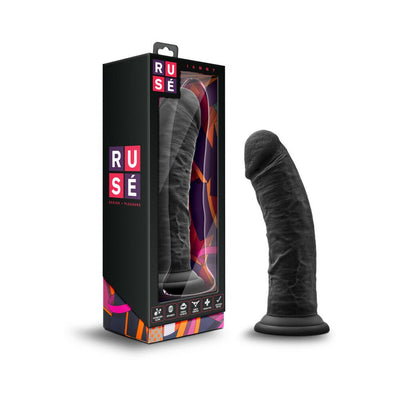 Black curved realistic dildo with suction cup base next to colorful Ruse Jammy packaging box.