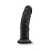 Black realistic curved dildo with textured shaft and suction cup base standing upright on white background.