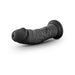 Black curved realistic dildo with textured shaft and suction cup base on white background.