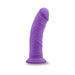 Purple realistic curved dildo with textured shaft and suction cup base on white background