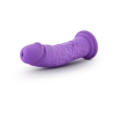 Purple realistic curved dildo with suction cup base on white background