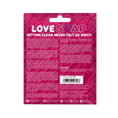 Back view of S-line Heart Soap packaging in bright pink with product details and usage instructions.