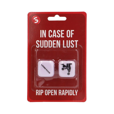 S-Line In Case Of Sudden Lust dice game for couples with two white dice in red packaging.