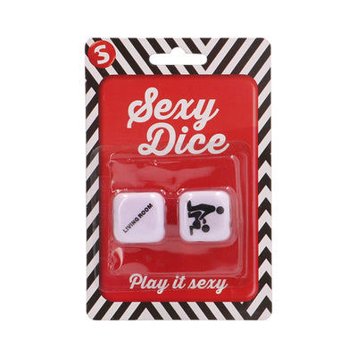 S-Line Sexy Dice set with two white dice in black and red packaging, featuring playful icons and location text.