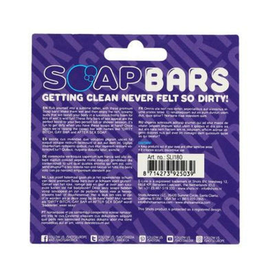 Back packaging of S-line Soap Bar Dirty Bitch with product info, barcode, and social media icons on a purple background.