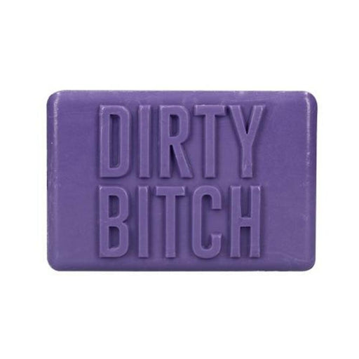 Purple rectangular soap bar embossed with the words Dirty Bitch in bold letters.