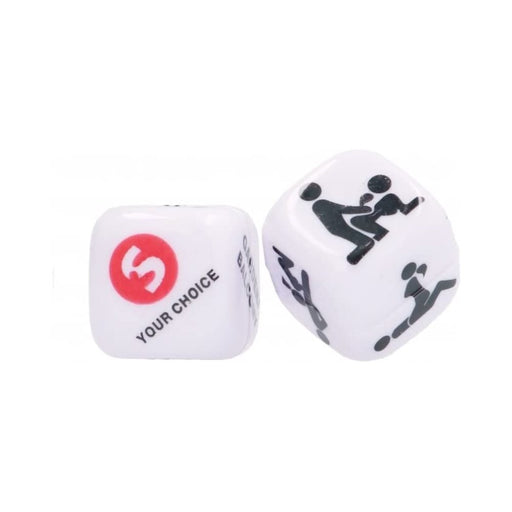 Two white dice for adult games, one with black silhouette illustrations of intimate poses and the other with text options including "Your Choice" in red.