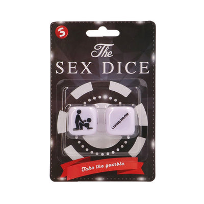 S-Line Take the Gamble Sex Dice set with two white dice, one showing an intimate act icon and the other a location label.