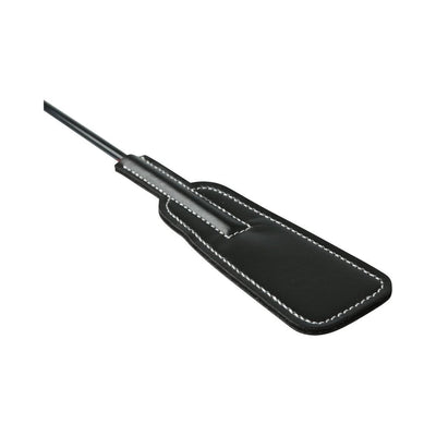 Black leather paddle with white stitching detail and a slim handle, designed for sensory play.