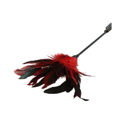 Dual-ended feather slapper with red and black feathers on one end and a black handle for sensory play.