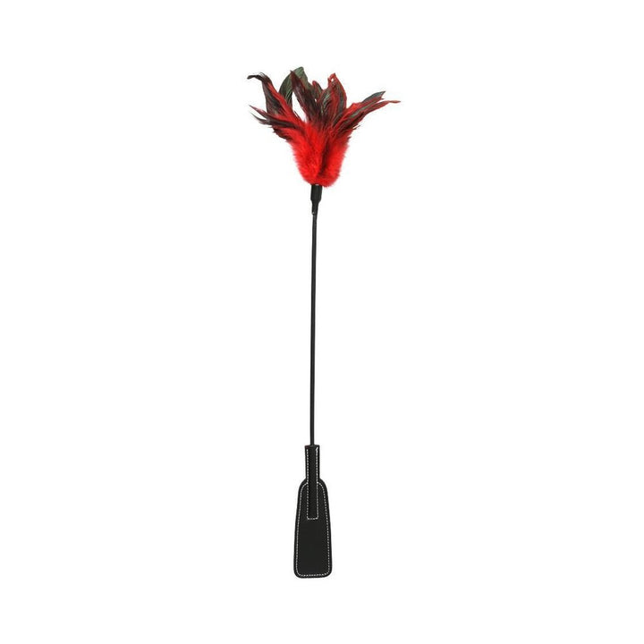 Dual-ended feather slapper with red and black feathers on one end and black leather paddle on the other.