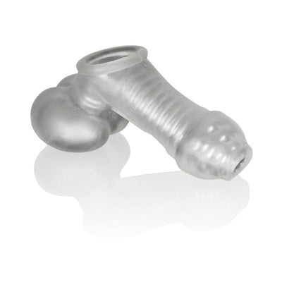 Clear frosted flexible wearable sheath with ribbed texture and dual openings for comfort and support.