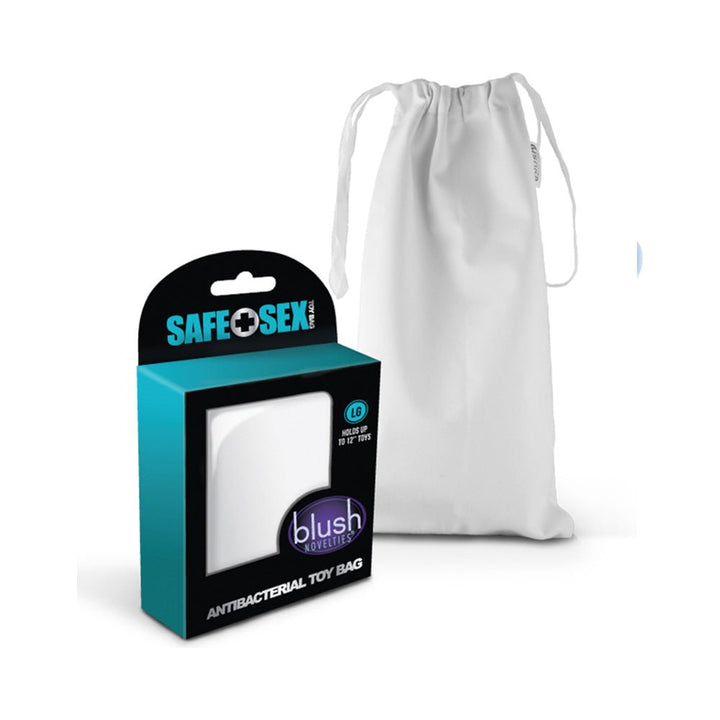 Large white drawstring antibacterial toy bag displayed next to its teal and black Safe Sex branded packaging box.