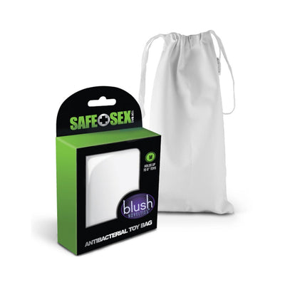 Medium white antibacterial drawstring toy storage bag with green and black Safe Sex packaging box.