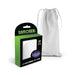 Medium white antibacterial drawstring toy storage bag with green and black Safe Sex packaging box.