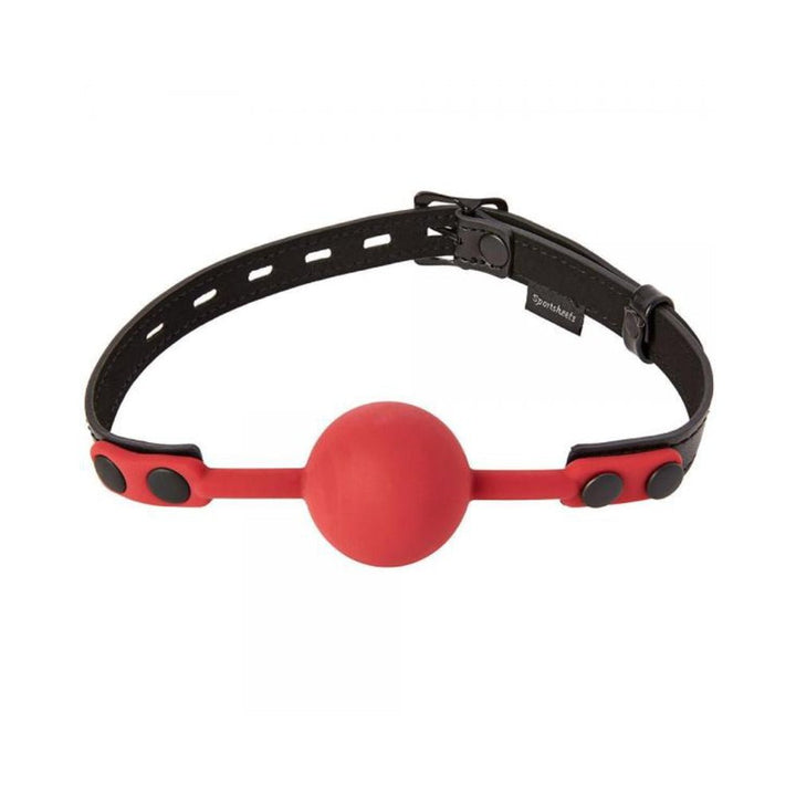 Red silicone ball gag with adjustable black PU leather strap and locking buckle by Sportsheets