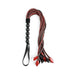 Saffron braided flogger with black beaded handle and red and black faux leather braided falls with pointed tips.