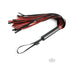 Saffron flogger with black and red faux leather falls and a sleek black metal handle with wrist loop.