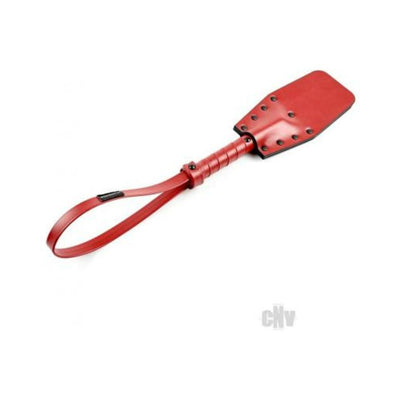 Red faux leather spanker paddle with studded detailing and a looped handle for easy grip and storage.