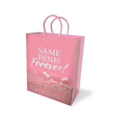 Pink gift bag with woven handles featuring playful foil accents and the phrase Same Penis Forever for bachelorette celebrations.