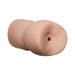 Compact dual-ended flesh-colored silicone stroker with realistic texture and openings for intimate use.