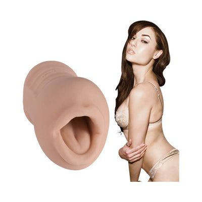 Sasha Grey Deep Throat Pocket Pal in skin tone with model in beige lingerie on white background