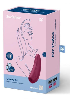 Packaging box of Satisfyer Curvy 1+ in Bordeaux red with app control icons and minimalist line art on a pink background.