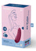 Packaging box of Satisfyer Curvy 1+ in Bordeaux red with app control icons and minimalist line art on a pink background.