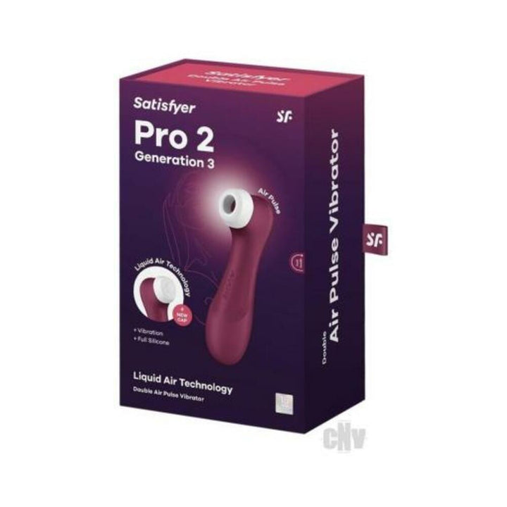 Satisfyer Pro 2 Generation 3 Wine Red clitoral air pulse vibrator in sleek packaging with Liquid Air Technology and vibration features.