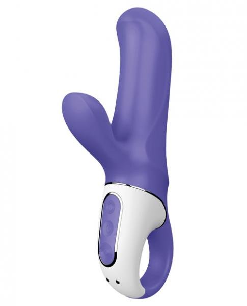 Purple dual-motor rabbit vibrator with ergonomic design and white control panel with buttons and a loop handle.