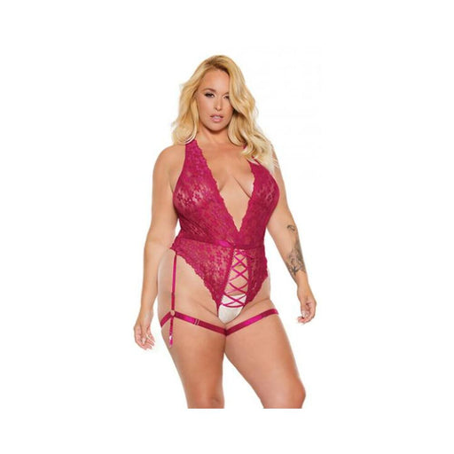 Scallop Stretch Lace Crotchless Teddy W/lace Up Front Raspberry Os/xl - SexToy.com