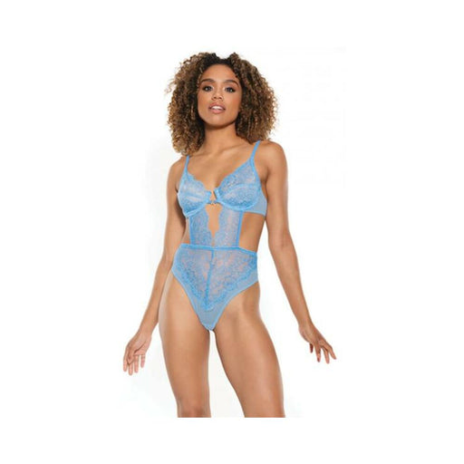 Scallop Stretch Lace & Sheer Mesh Teddy W/front V Cut Out Blue Lg - SexToy.com