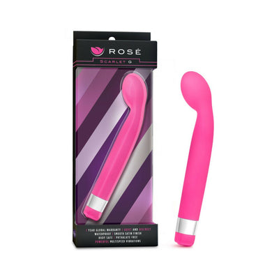 Pink Scarlet G G-Spot vibrator with curved tip and silver accent, shown in packaging and outside box.