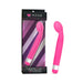 Pink Scarlet G G-Spot vibrator with curved tip and silver accent, shown in packaging and outside box.