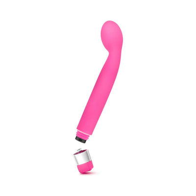 Pink curved G-spot vibrator with detachable silver and pink battery cap on white background.