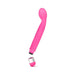 Pink curved G-spot vibrator with detachable silver and pink battery cap on white background.