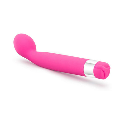 Pink silicone G-spot vibrator with curved tip and silver accent, designed for targeted stimulation and multispeed control.