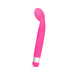 Pink curved G-spot vibrator with smooth texture and silver accent base on white background.