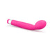 Pink silicone G-spot vibrator with curved head and silver twist base for adjustable multispeed vibrations.