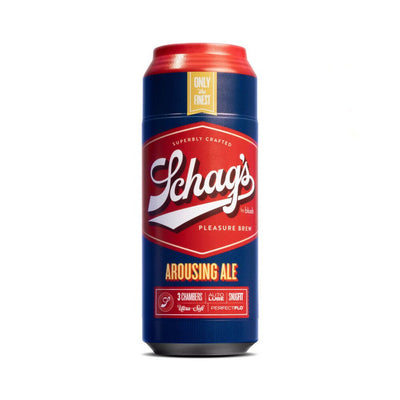 Blush Schag's Arousing Ale Stroker in frosted blue and red can design with product branding and features visible.