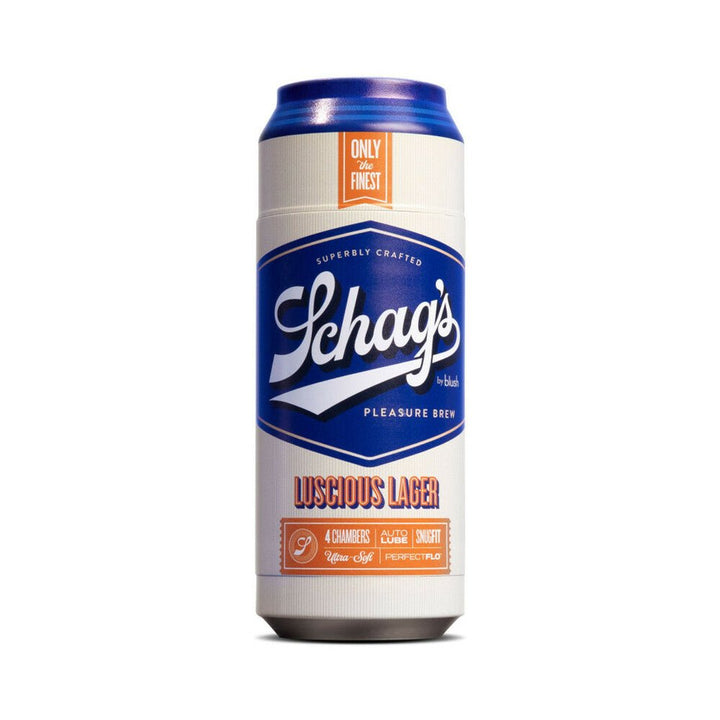 Blush Schag's Luscious Lager Stroker in frosted design resembling a beer can with blue and white label.