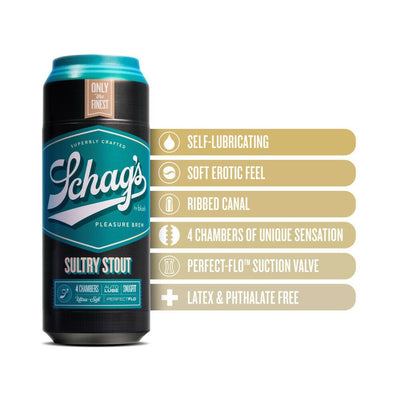 Blush Schag's Sultry Stout Stroker in frosted black and teal can design with key features listed alongside.