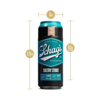 Blush Schag's Sultry Stout Stroker in frosted black and teal can design with size dimensions displayed.