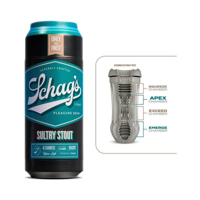 Blush Schag's Sultry Stout Stroker in frosted black and teal can design with labeled internal chamber cutaway diagram.
