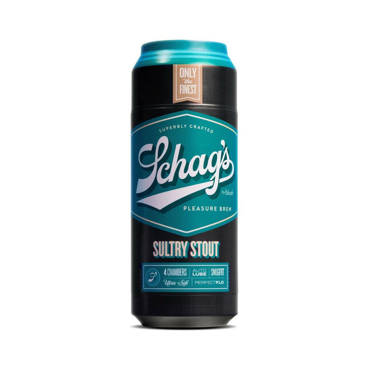 Blush Schag's Sultry Stout Stroker in frosted black and teal can-shaped design with product features on label.