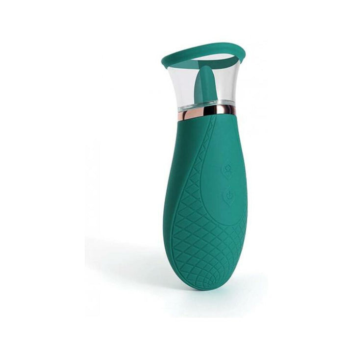 Green silicone clitoral stimulator with textured grip and clear suction cup design.