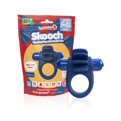 Blue 4B Skooch vibrating ring with flexible fins displayed next to its colorful red and yellow packaging.