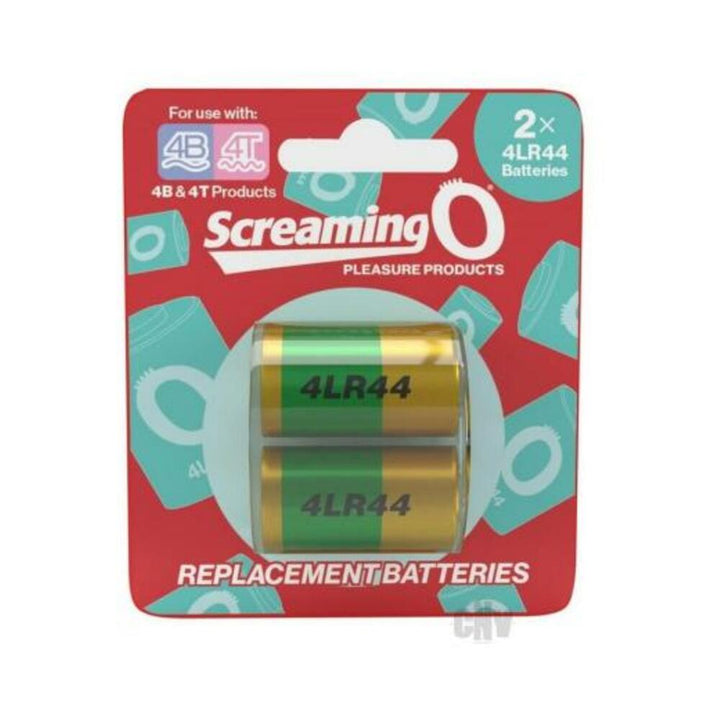Pack of two Screaming O 4LR44 replacement batteries for 4B and 4T pleasure products in red and teal packaging.