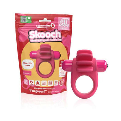 Pink Screaming O 4T Skooch vibrating ring with flexible fins next to its eco-friendly compostable packaging.