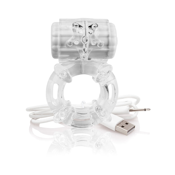 Transparent rechargeable vibrating ring with USB charging cable on white background